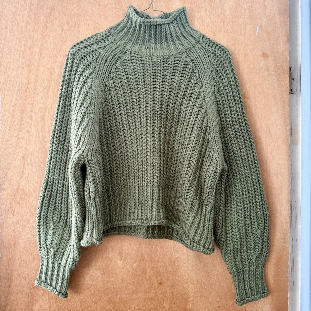 Olive Green Chunky Knit Mock Neck Sweater Shaker Stitch XS